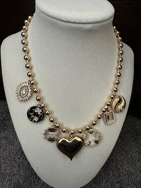 Gold-Tone Charm Necklace with Heart Center and “L” Initial Charm- Women Jewelry